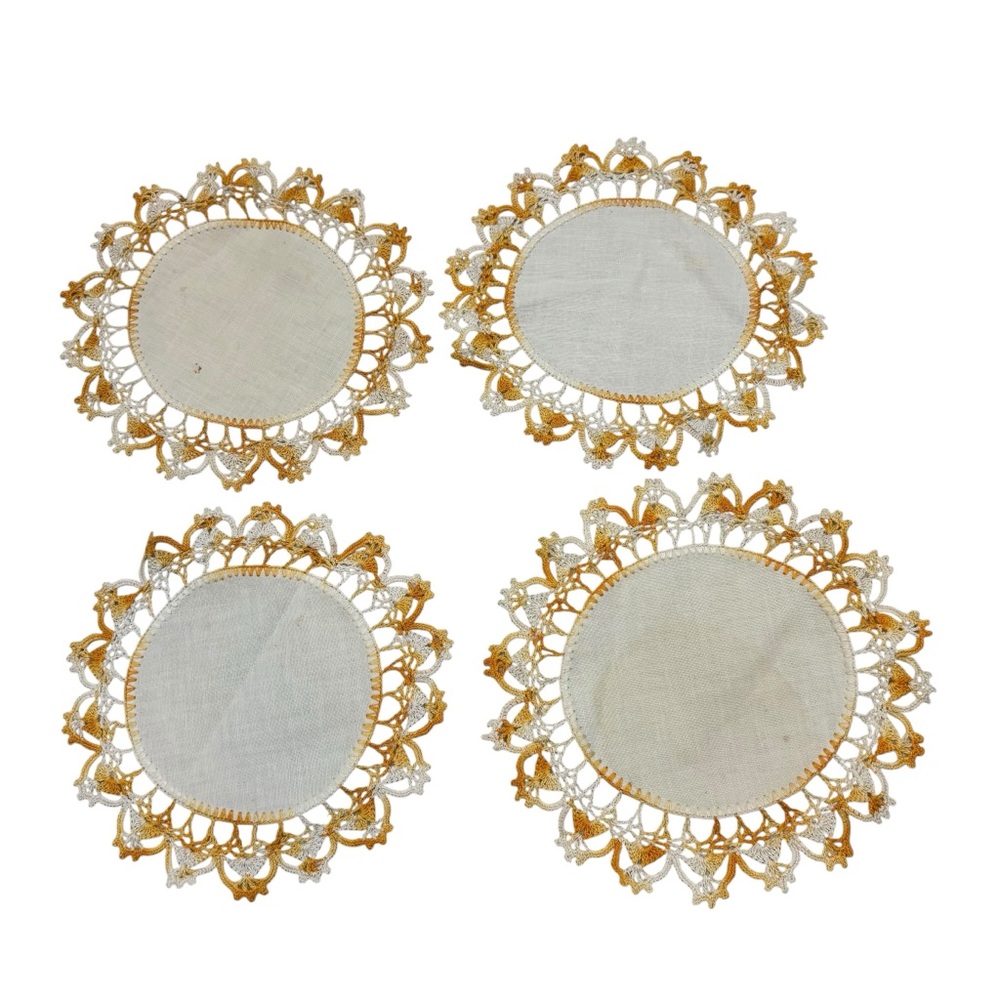 Lot of Four Vintage White and Yellow‎ Doilies